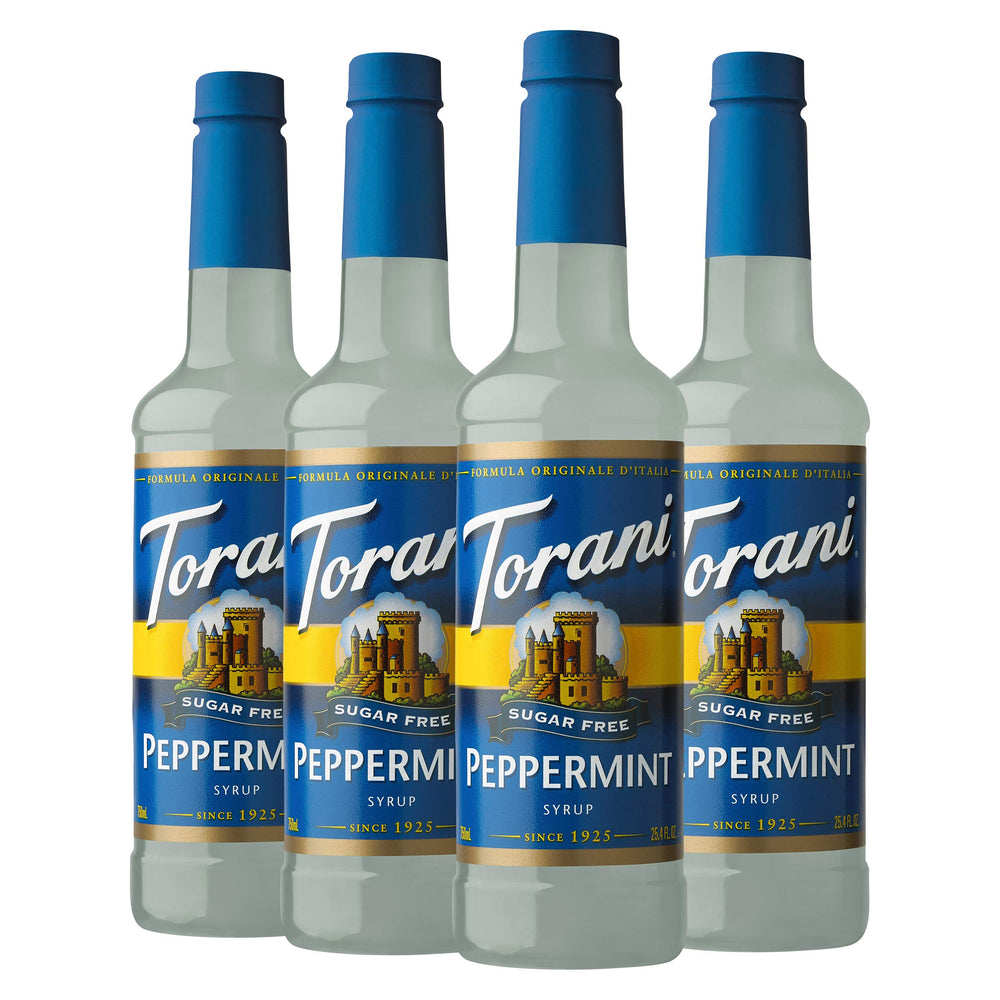 Torani Sugar Free Peppermint Syrup bottle shows zero calories for mint flavoring