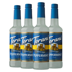 Torani Sugar Free Peppermint Syrup bottle shows zero calories for mint flavoring