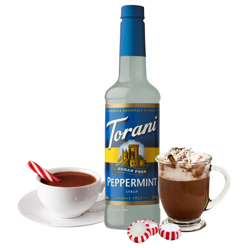 Torani Peppermint syrup being poured for a minty beverage