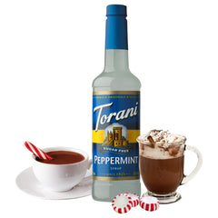 Torani Peppermint syrup being poured for a minty beverage