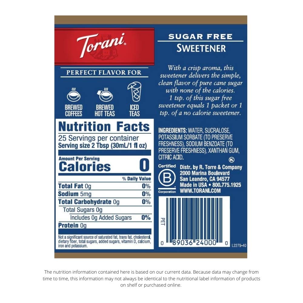 Pouring Torani Sugar Free Syrup into coffee for zero-calorie sweetness