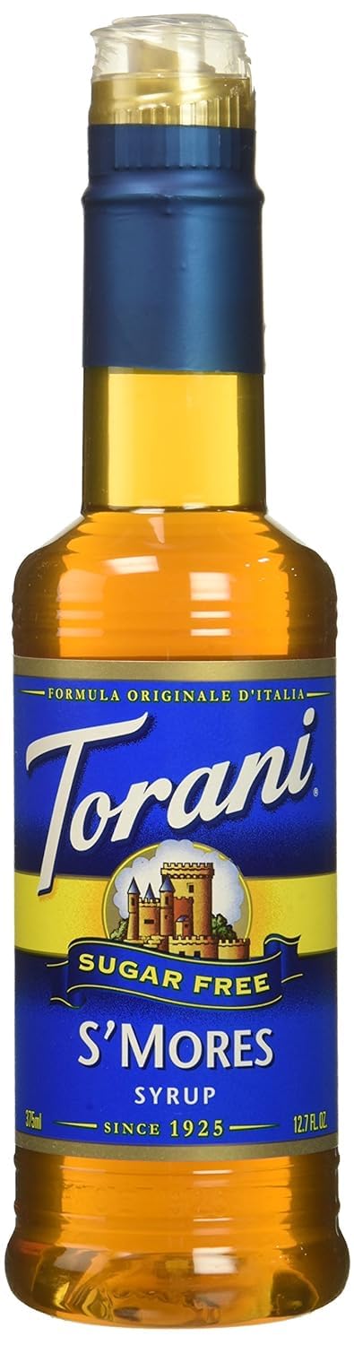 Torani Sugar Free Syrup S'mores bottle showcases zero-sugar campfire flavor for coffee.