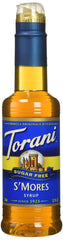 Torani Sugar Free Syrup S'mores bottle showcases zero-sugar campfire flavor for coffee.