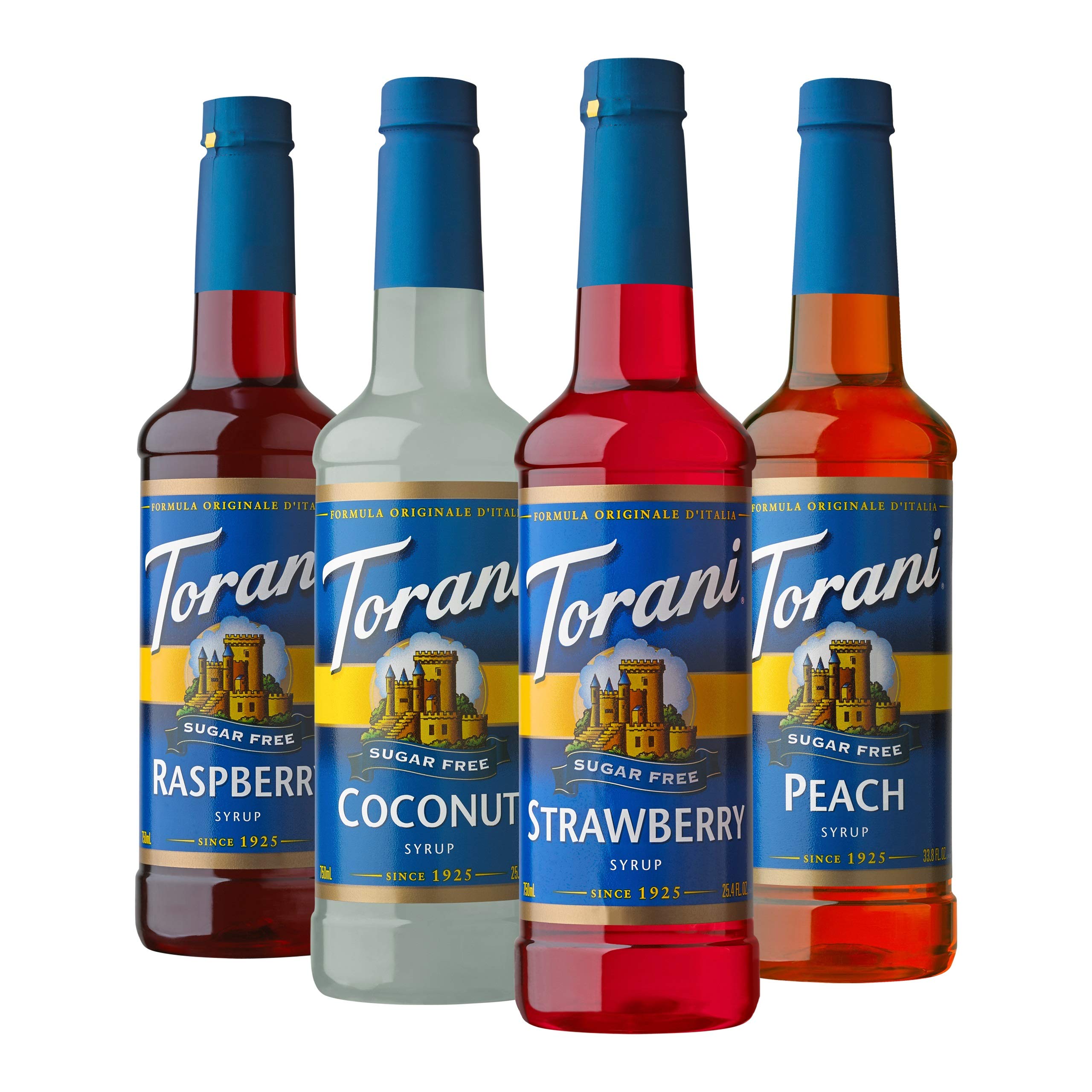 Torani sugar-free syrup variety-pack bottles displayed for zero-calorie beverages.