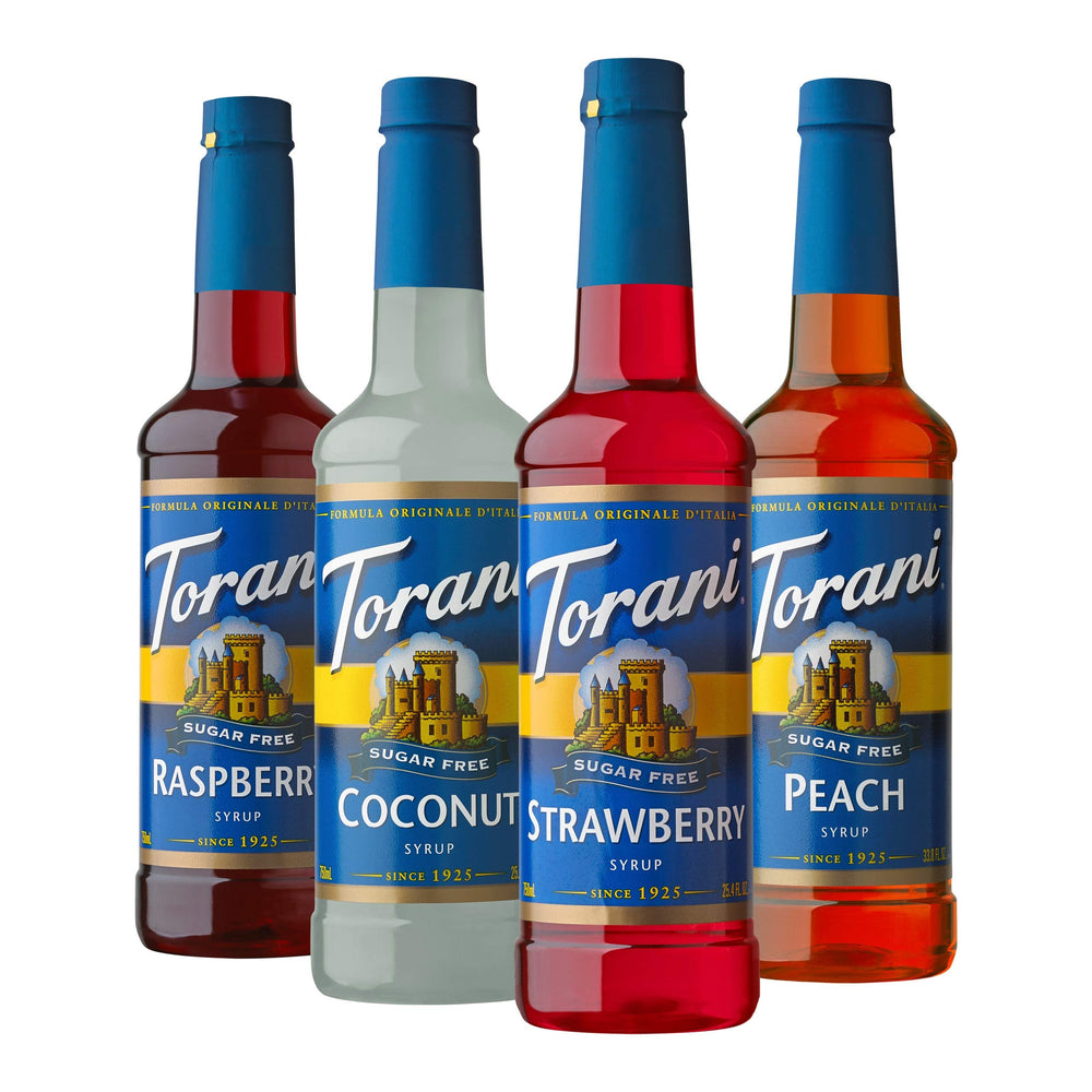 Torani sugar-free syrup variety-pack bottles displayed for zero-calorie beverages.