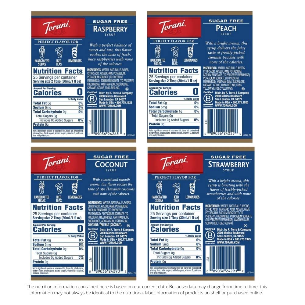 Torani strawberry sugar-free syrup bottle front for flavorful Italian sodas.