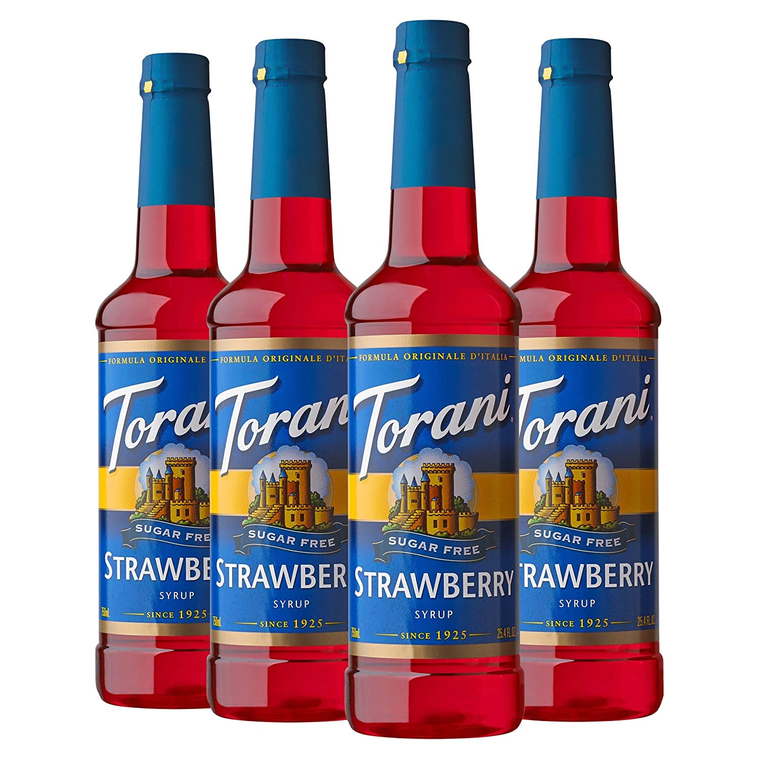 Torani Sugar Free Strawberry syrup bottle pour for sugar-free beverages and flavor enhancement.
