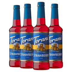 Torani Sugar Free Strawberry syrup bottle pour for sugar-free beverages and flavor enhancement.