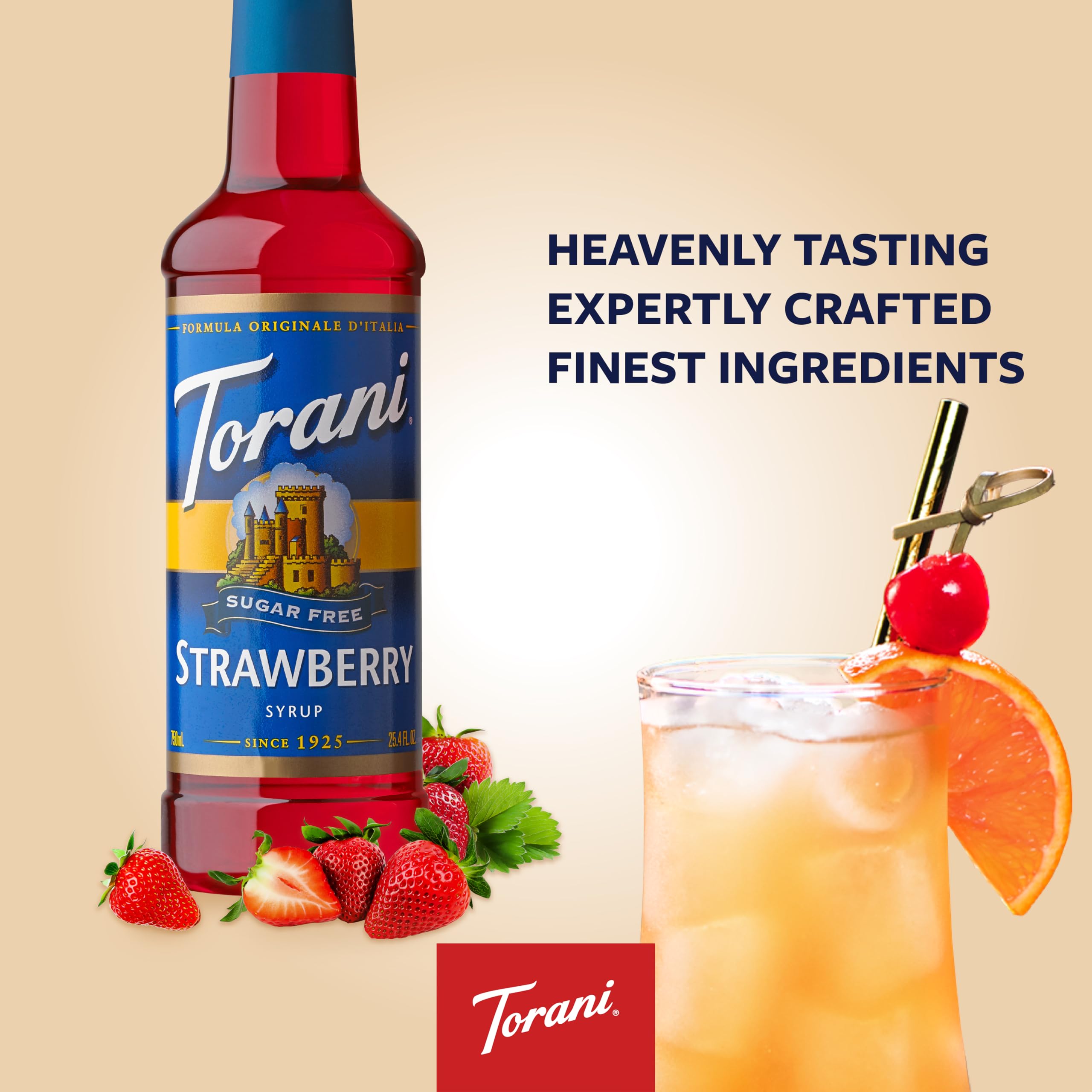 Torani Sugar Free Strawberry bottle on keto-friendly setup.