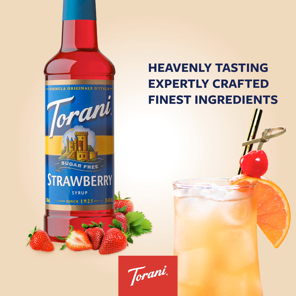 Torani Sugar Free Strawberry bottle on keto-friendly setup.