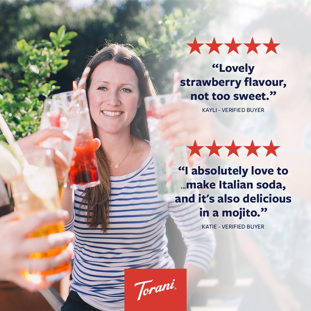 Torani Sugar Free Strawberry bottle label close-up for easy flavor identification.