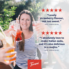 Torani Sugar Free Strawberry bottle label close-up for easy flavor identification.