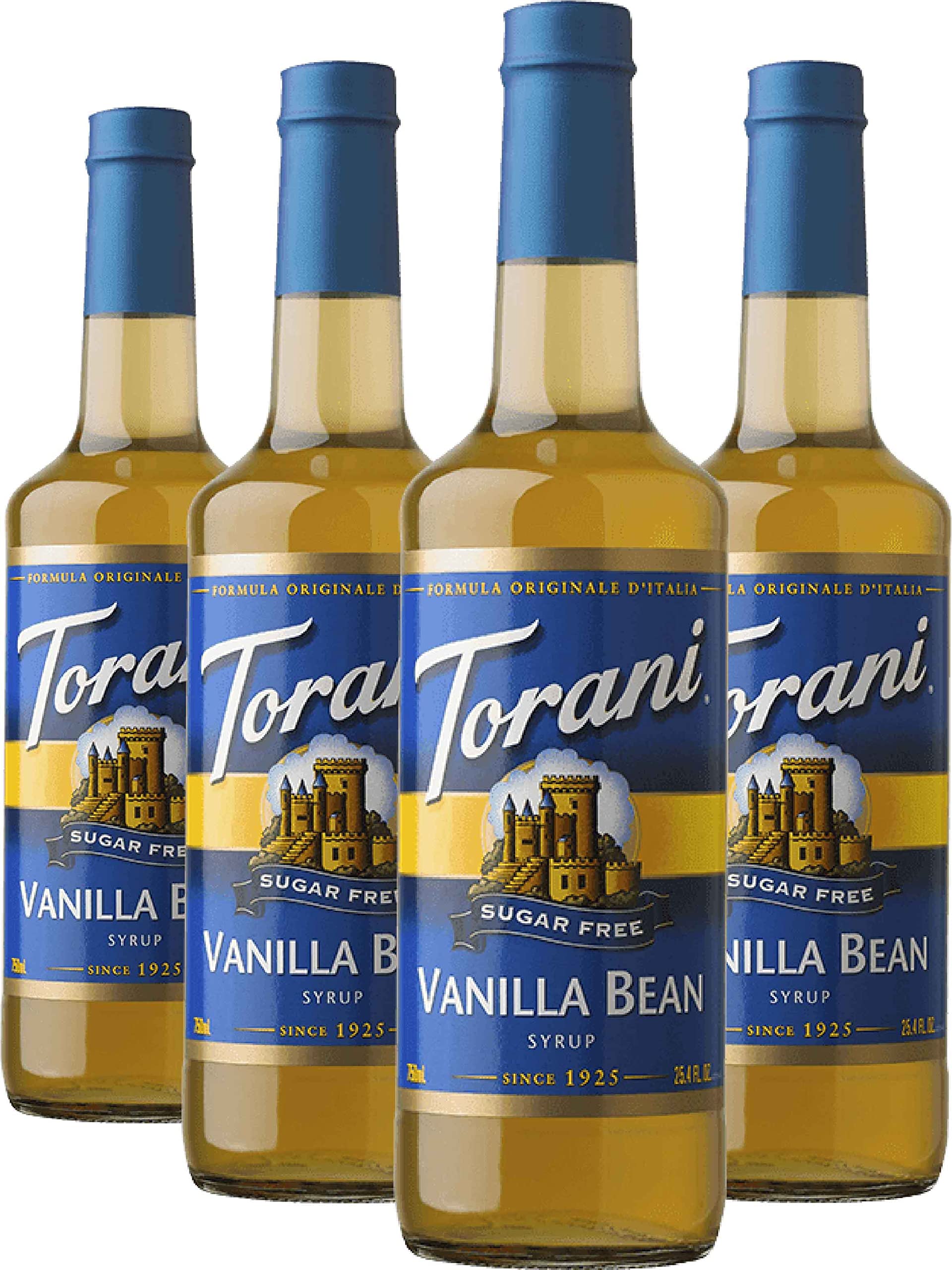 Torani Sugar-Free Syrup Vanilla Bean bottle adds zero-calorie vanilla flavor to coffee.