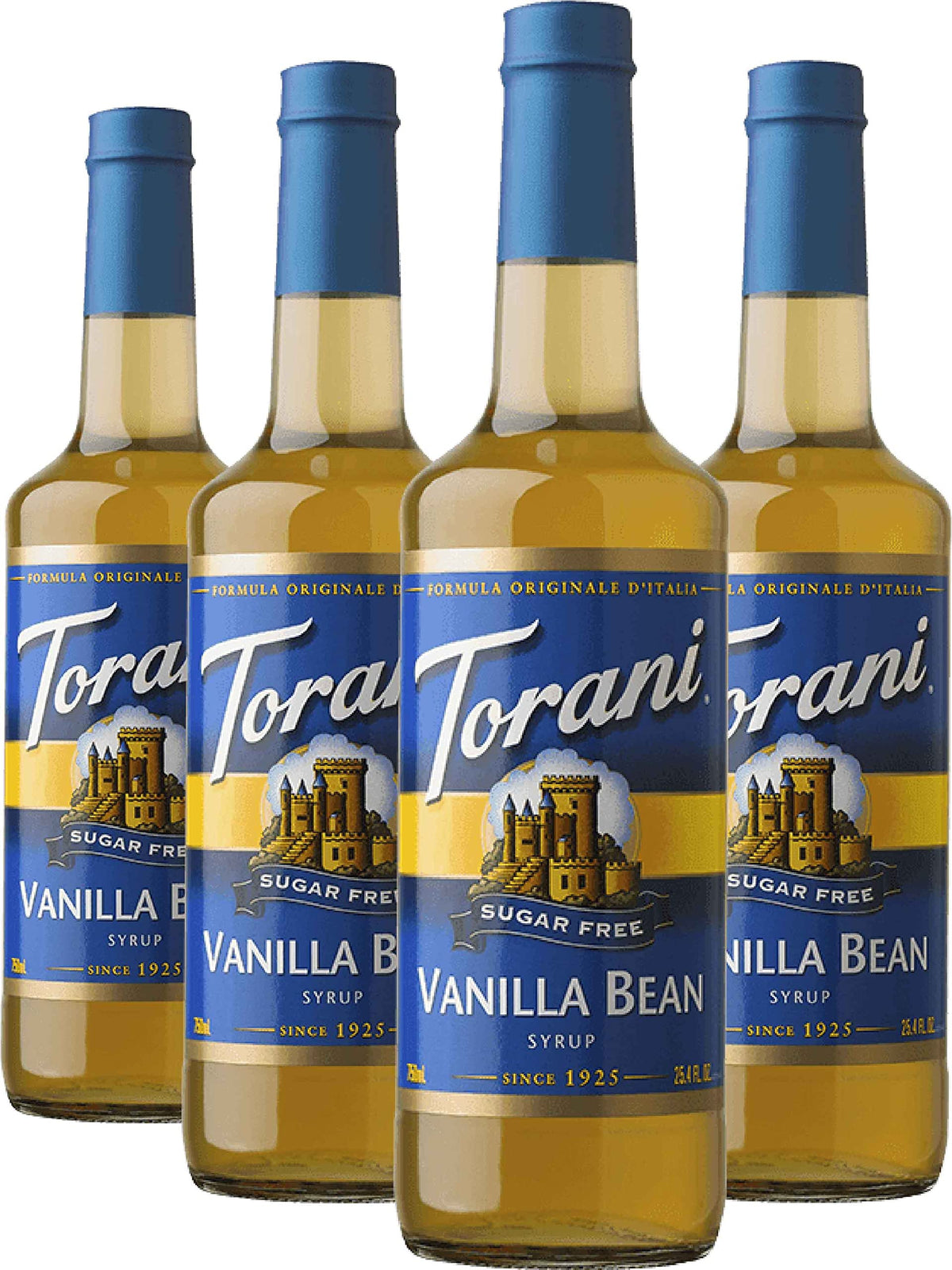 Torani Sugar-Free Syrup Vanilla Bean bottle adds zero-calorie vanilla flavor to coffee.