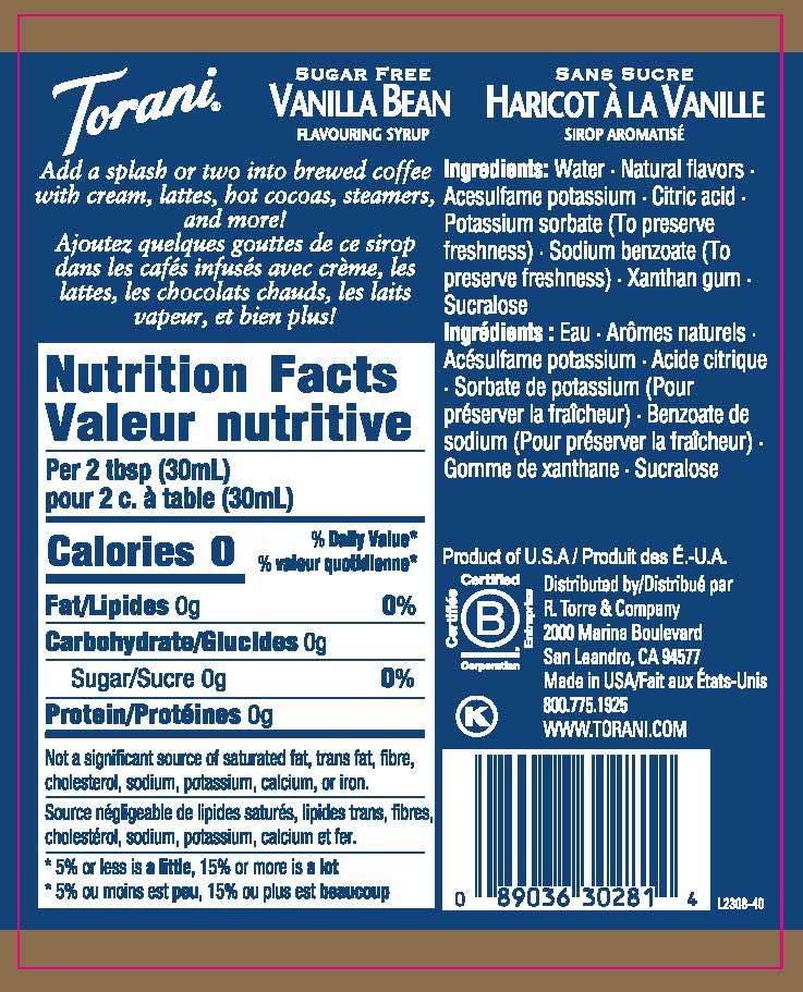 Torani Sugar-Free Syrup Vanilla Bean pour enhances beverages without sugar.