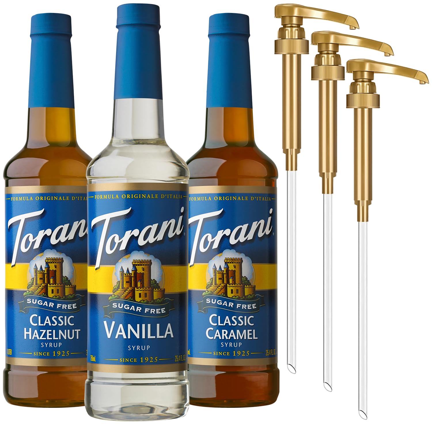 Torani Vanilla Sugar-Free Syrup bottle with pump for calorie-free flavoring in coffee
