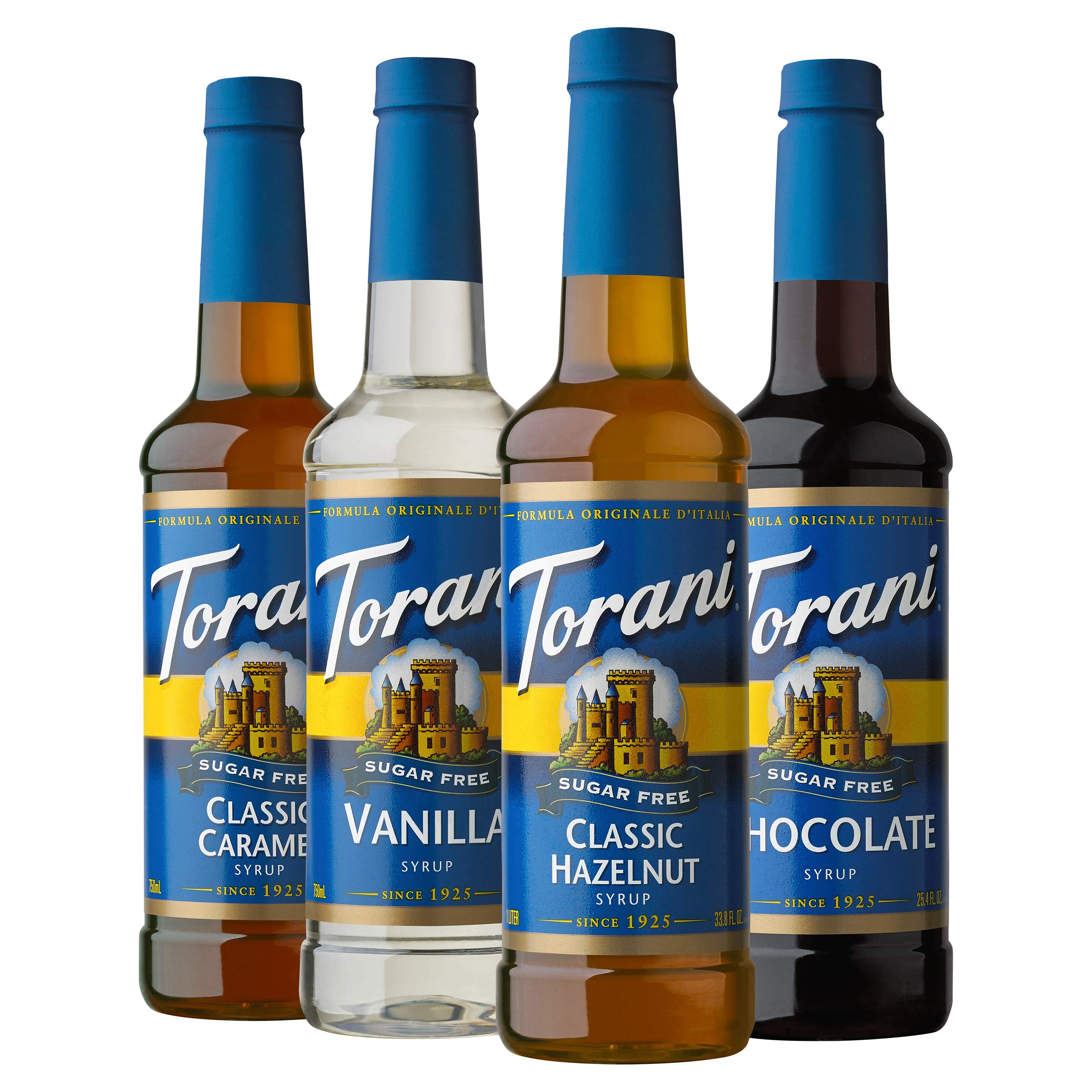 Torani Sugar Free Vanilla syrup bottle for creamy, zero-calorie coffee drinks.