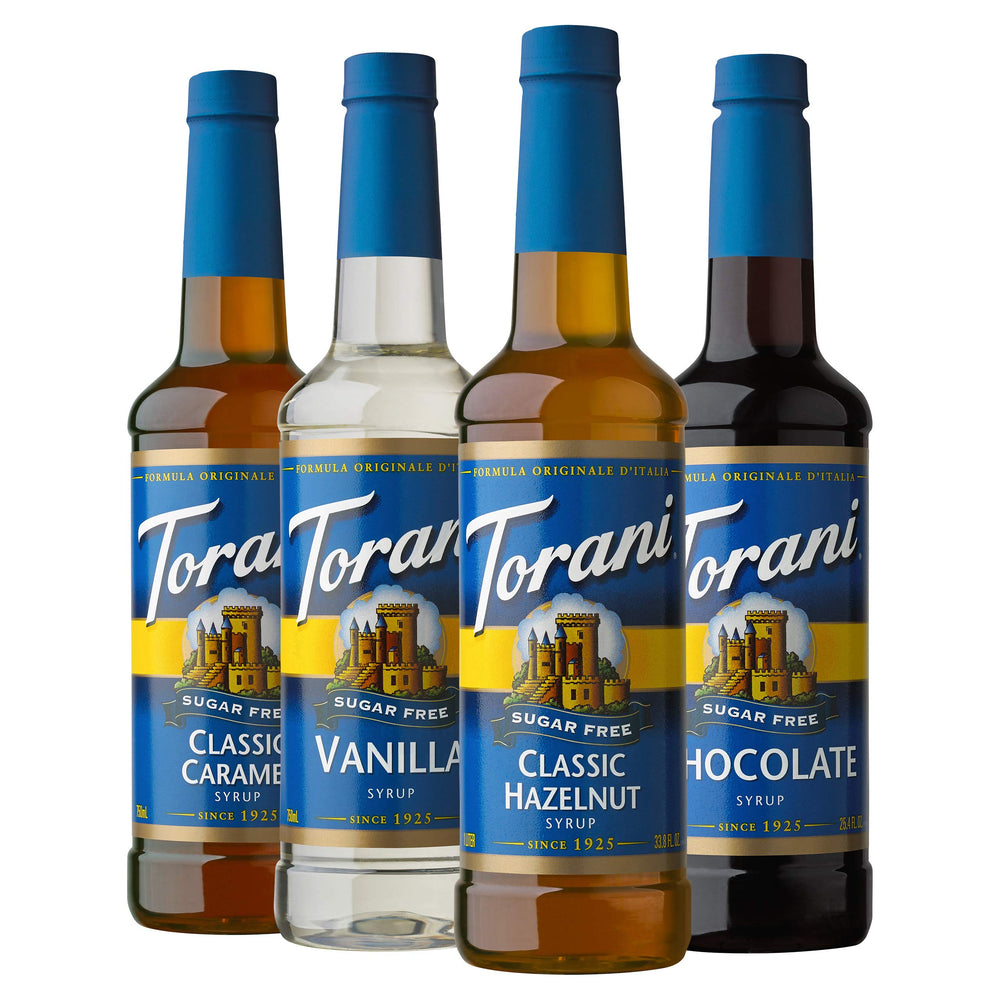 Torani Sugar Free Vanilla syrup bottle for creamy, zero-calorie coffee drinks.
