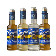 Torani Sugar Free Syrup Vanilla bottle offering zero calories for flavorful coffee.
