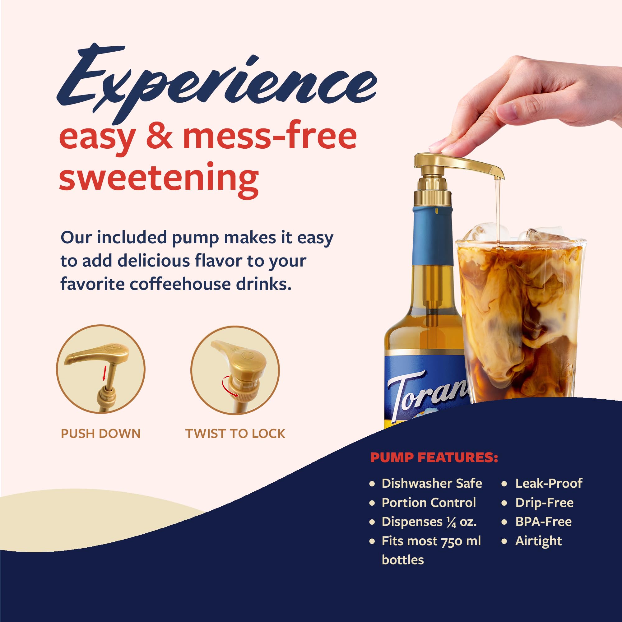 Torani pump closeup for mess-free indulgence in beverages.