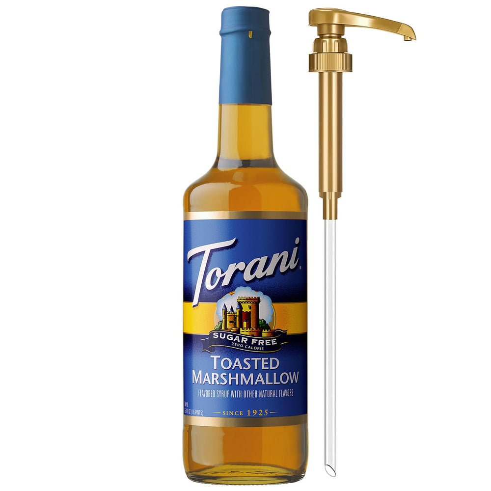 Torani sugar-free toasted marshmallow bottle with pump for mess-free coffee sweetening.