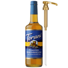 Torani sugar-free toasted marshmallow bottle with pump for mess-free coffee sweetening.