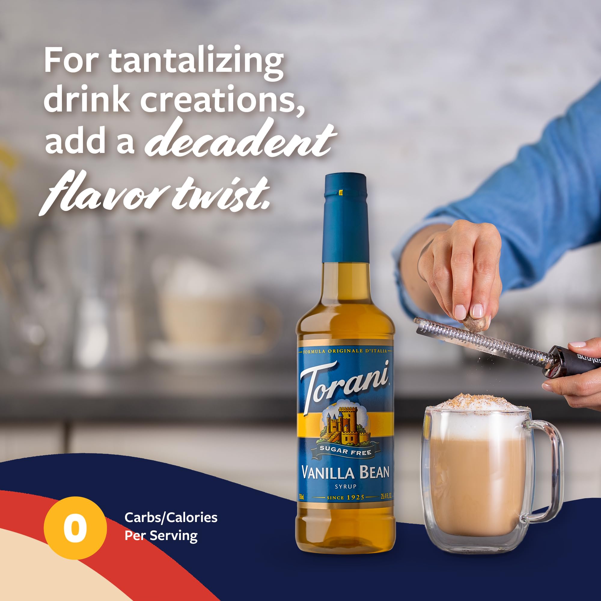 Pouring Torani sugar-free vanilla into a hot coffee.