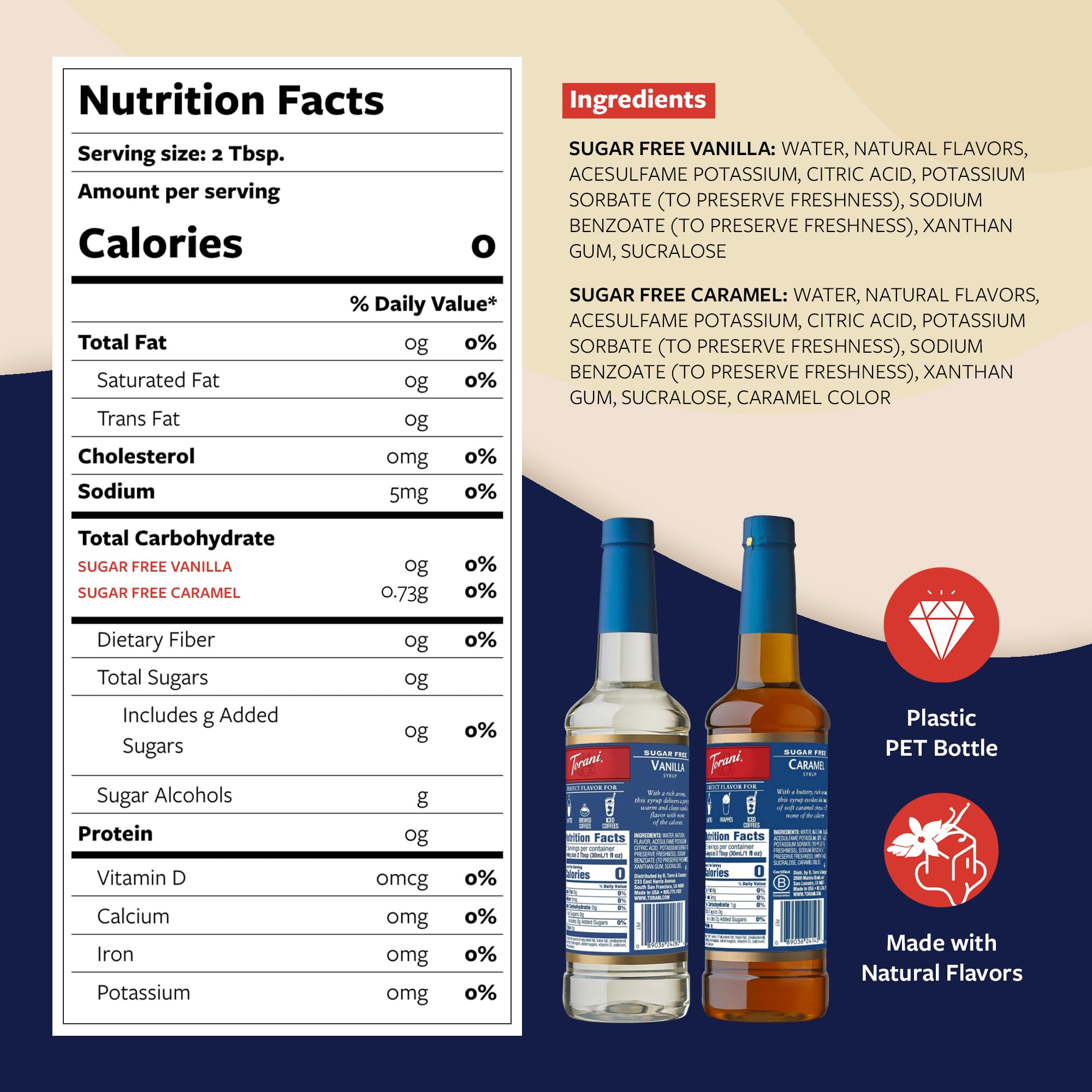 Torani sugar-free vanilla syrup bottle adds creamy vanilla notes to drinks.