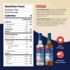 Torani sugar-free vanilla syrup bottle adds creamy vanilla notes to drinks.