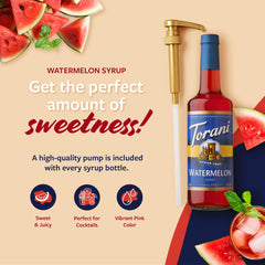 Torani Sugar Free Watermelon Syrup in a glass bottle ready for café drinks.