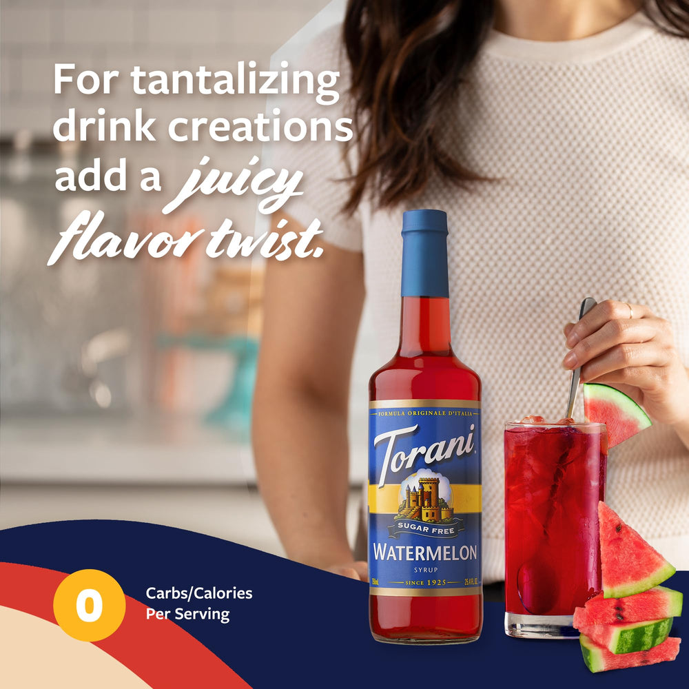 Torani Sugar Free Watermelon Syrup added to an Italian soda for flavor.