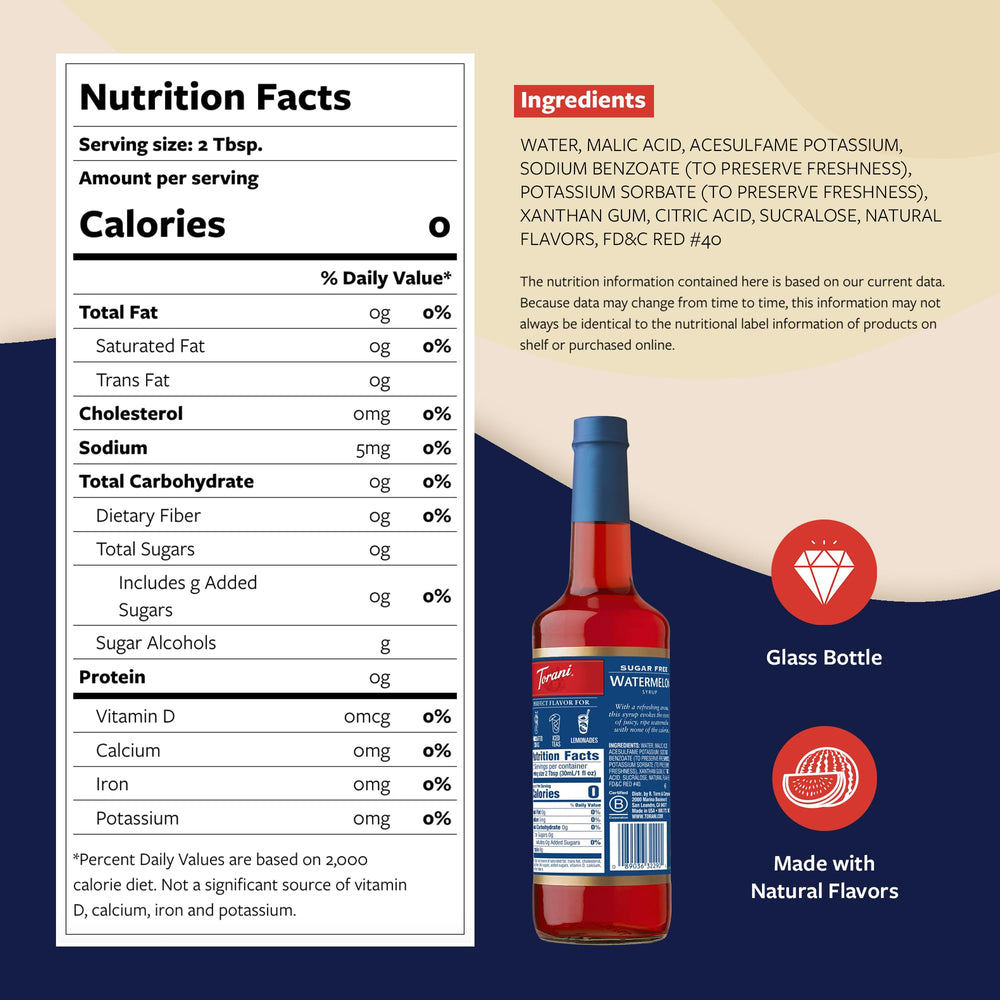 Pouring Torani Sugar Free Watermelon Syrup into a glass for a refreshing drink.