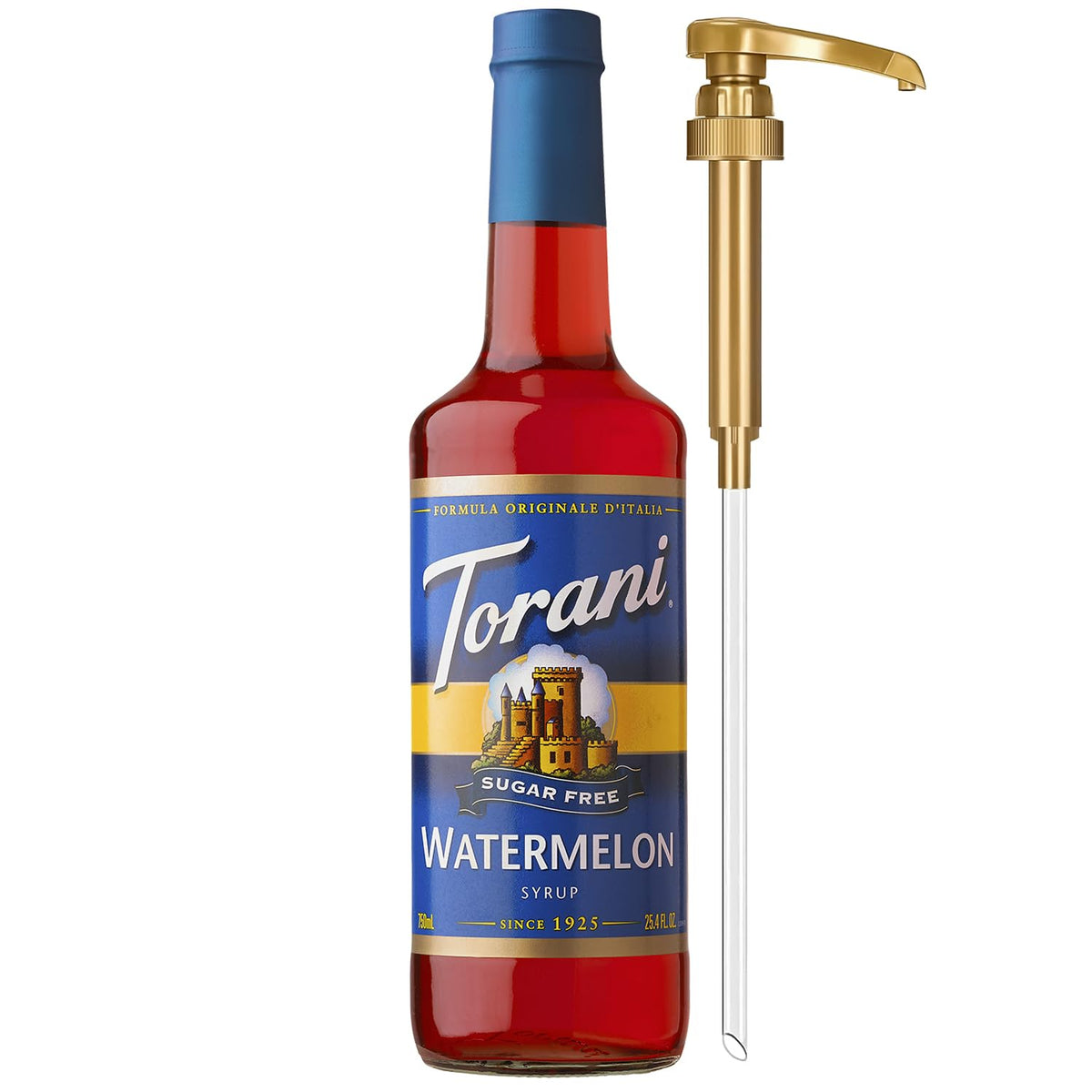 Torani Sugar Free Watermelon Syrup pump bottle for easy, mess-free sweetening.