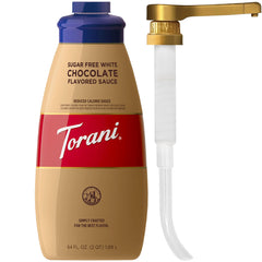 Torani Sugar Free White Chocolate Sauce bottle adds cafe-quality flavor with fewer calories.
