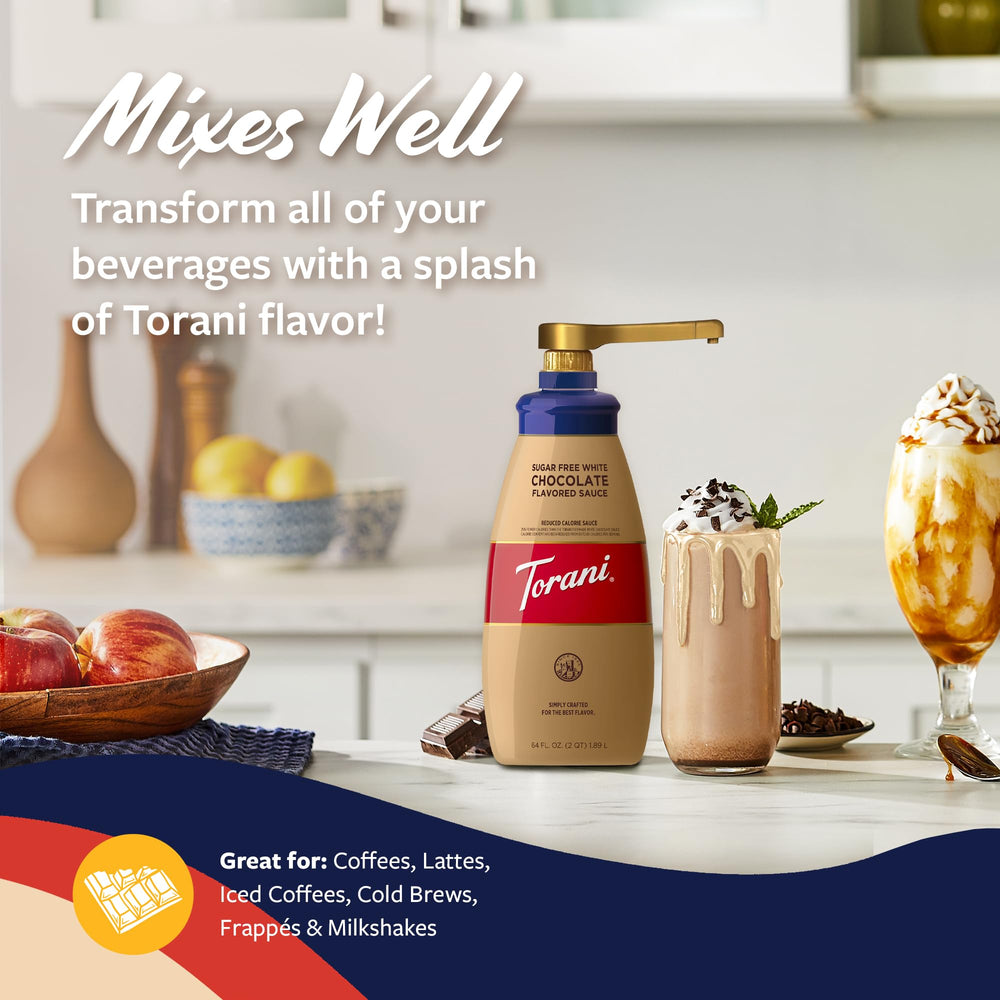 Torani Sugar Free White Chocolate Sauce drizzle on desserts creates rich contrast.