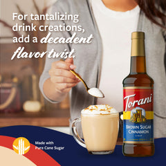 Torani syrup bottle label close-up highlighting natural flavors and cane sugar.