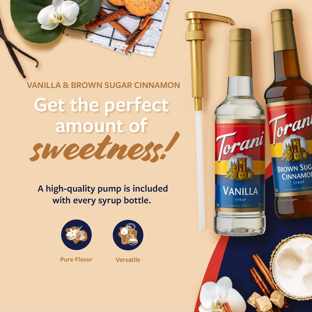 Two large Torani 750 ml syrups with pumps for easy sweetening.