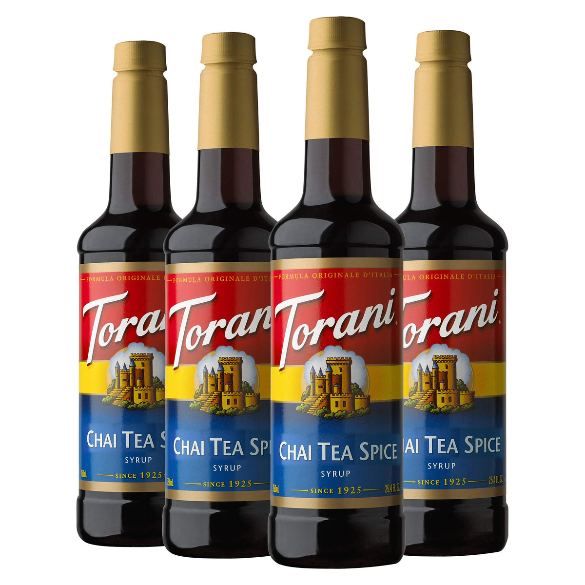 Torani Chai Tea Spice syrup bottle on shelf for rich chai lattes at home.