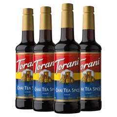 Torani Chai Tea Spice syrup bottle on shelf for rich chai lattes at home.