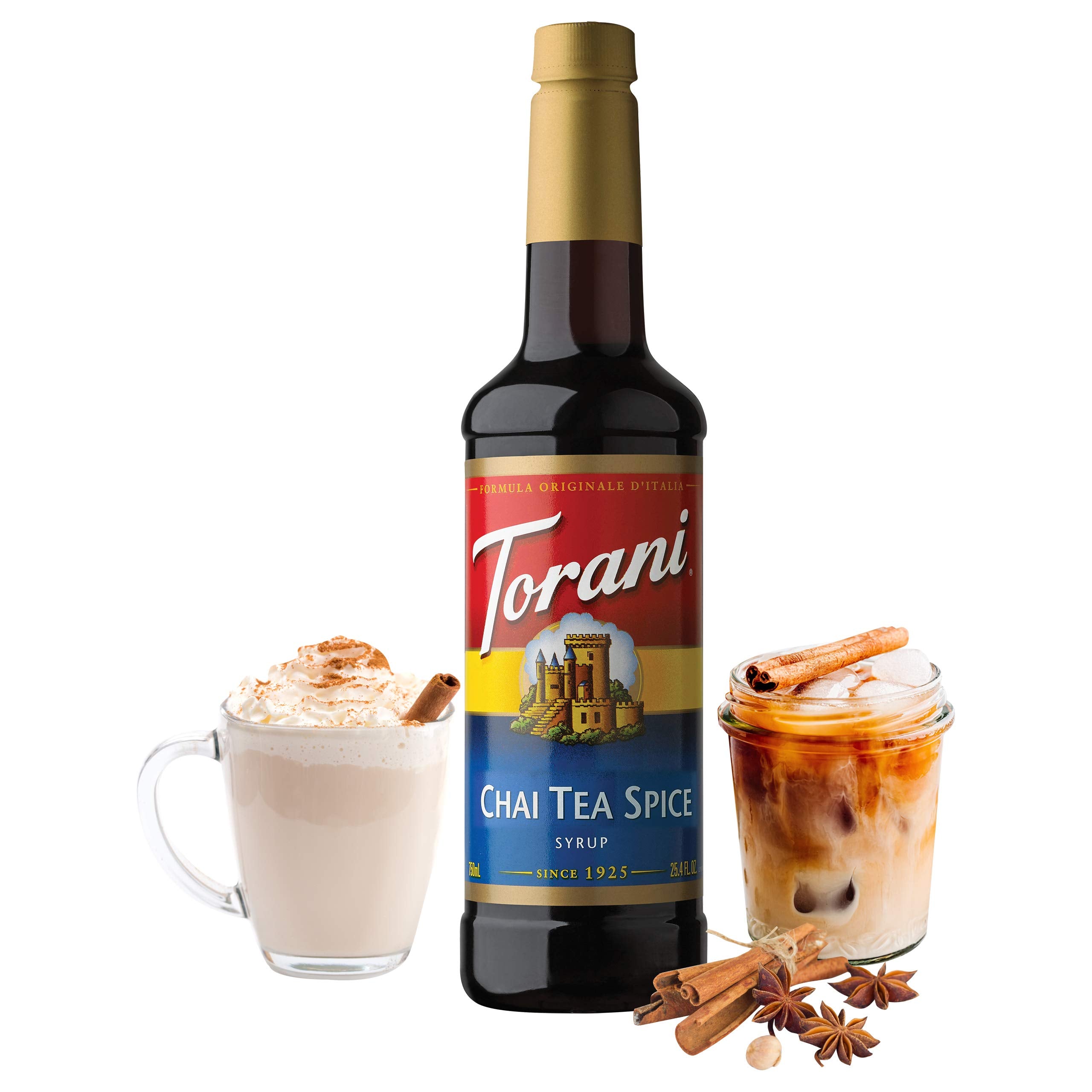 Torani Chai Tea Spice label close-up showcasing natural flavors.