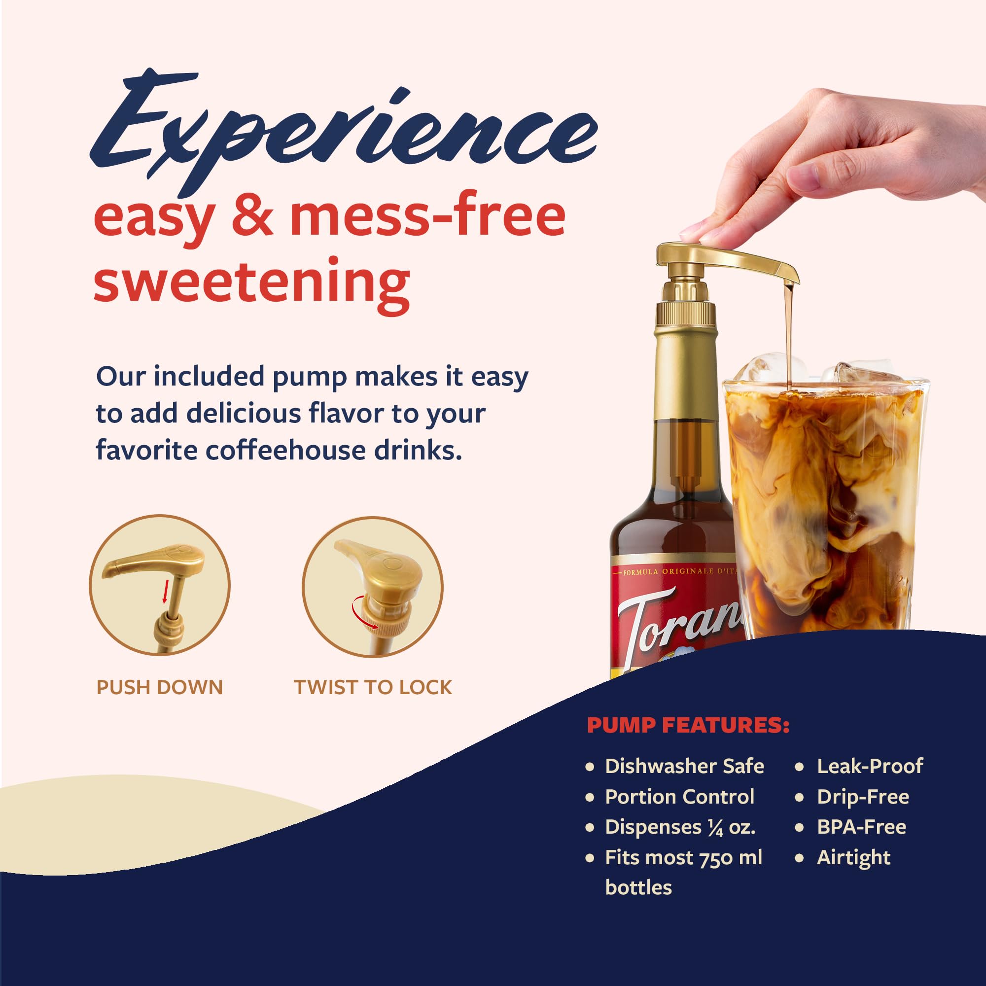 Torani syrup label close-up communicates branding and flavor credibility.