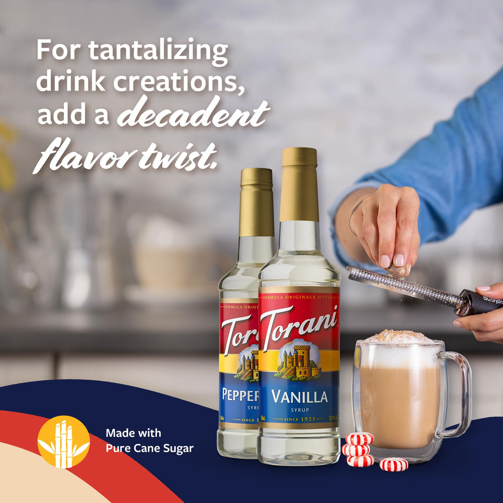 Pouring Torani peppermint syrup into coffee for a refreshing twist.