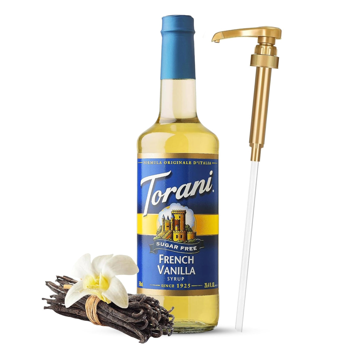 Torani syrup pump dispenser assembly enables easy, drip-free pouring for beverages