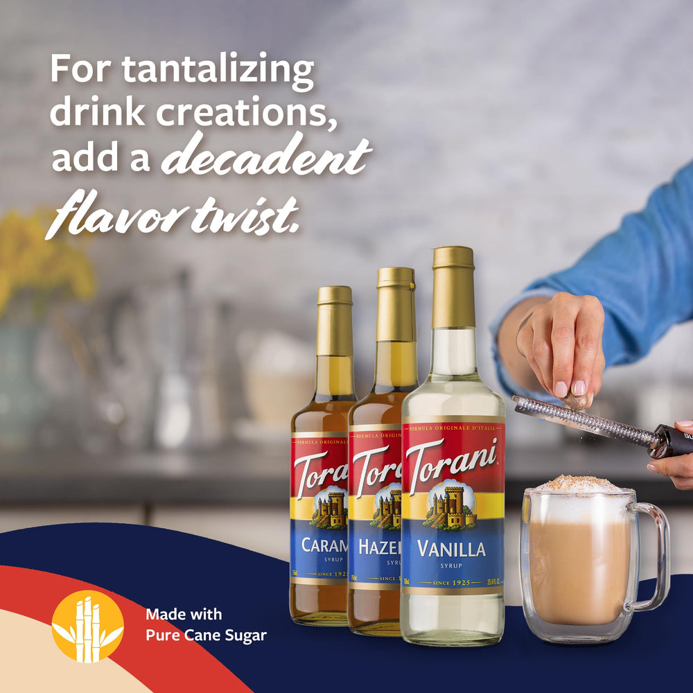 Torani Syrup Trio Pack showcases Vanilla, Caramel, and Hazelnut flavors