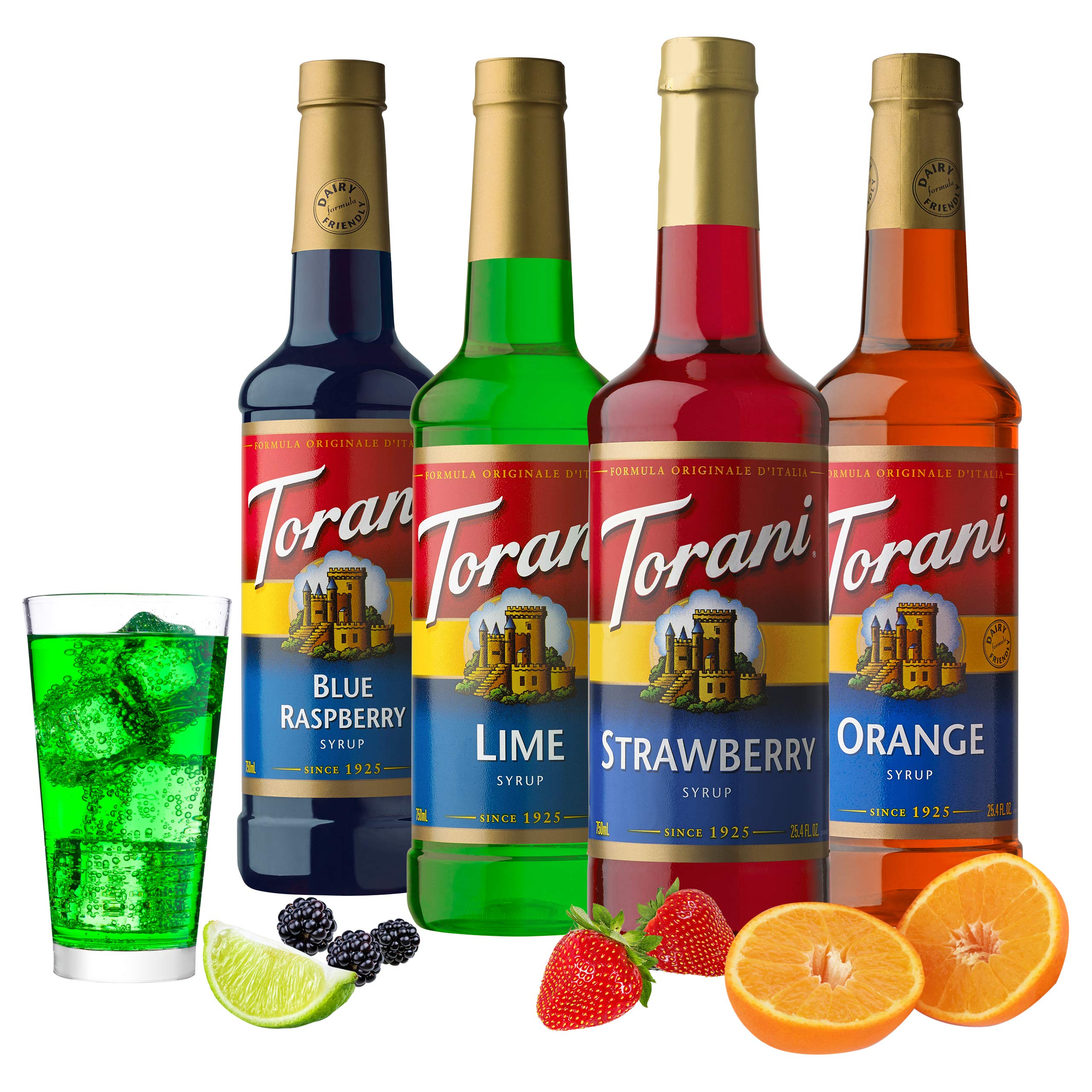 Torani Syrup Strawberry bottle for fruity beverages and desserts.