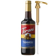 Torani tiramisu syrup bottle with pump for easy pour in coffee beverages