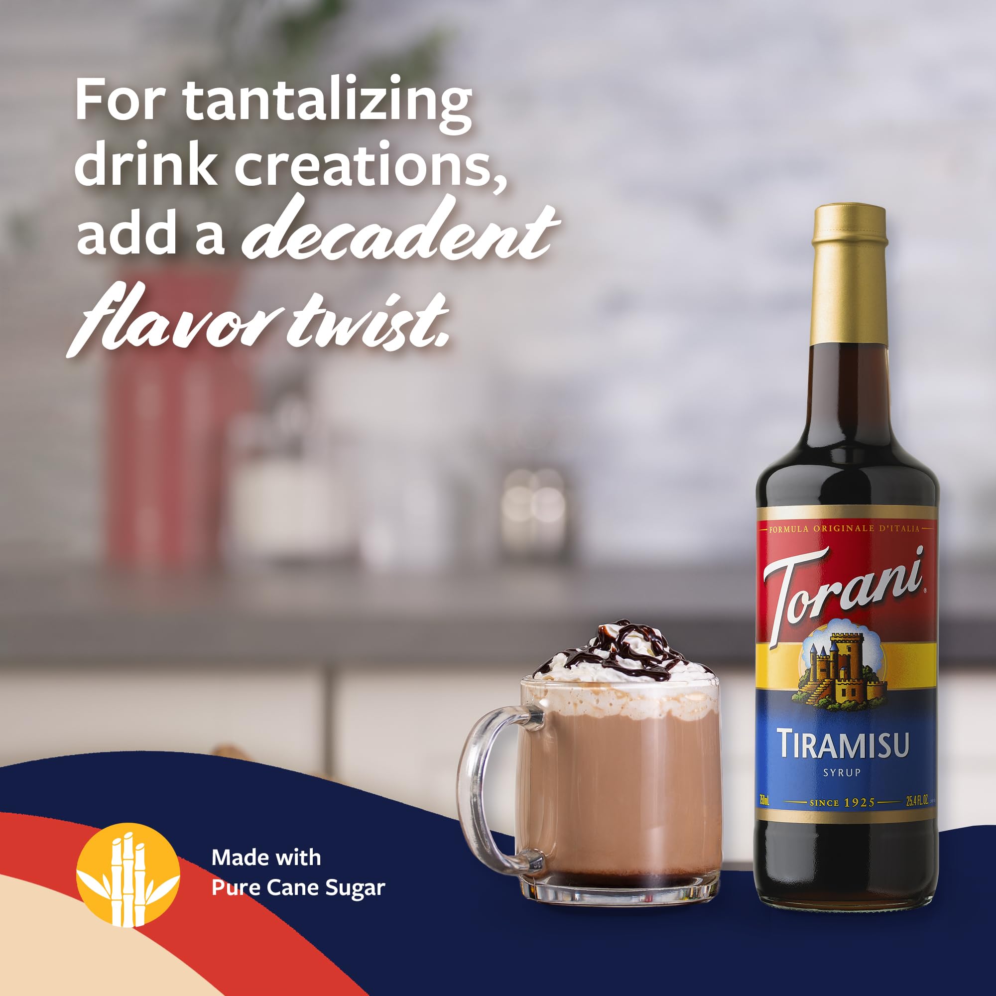 Torani tiramisu syrup bottle on latte setup for barista-ready creations