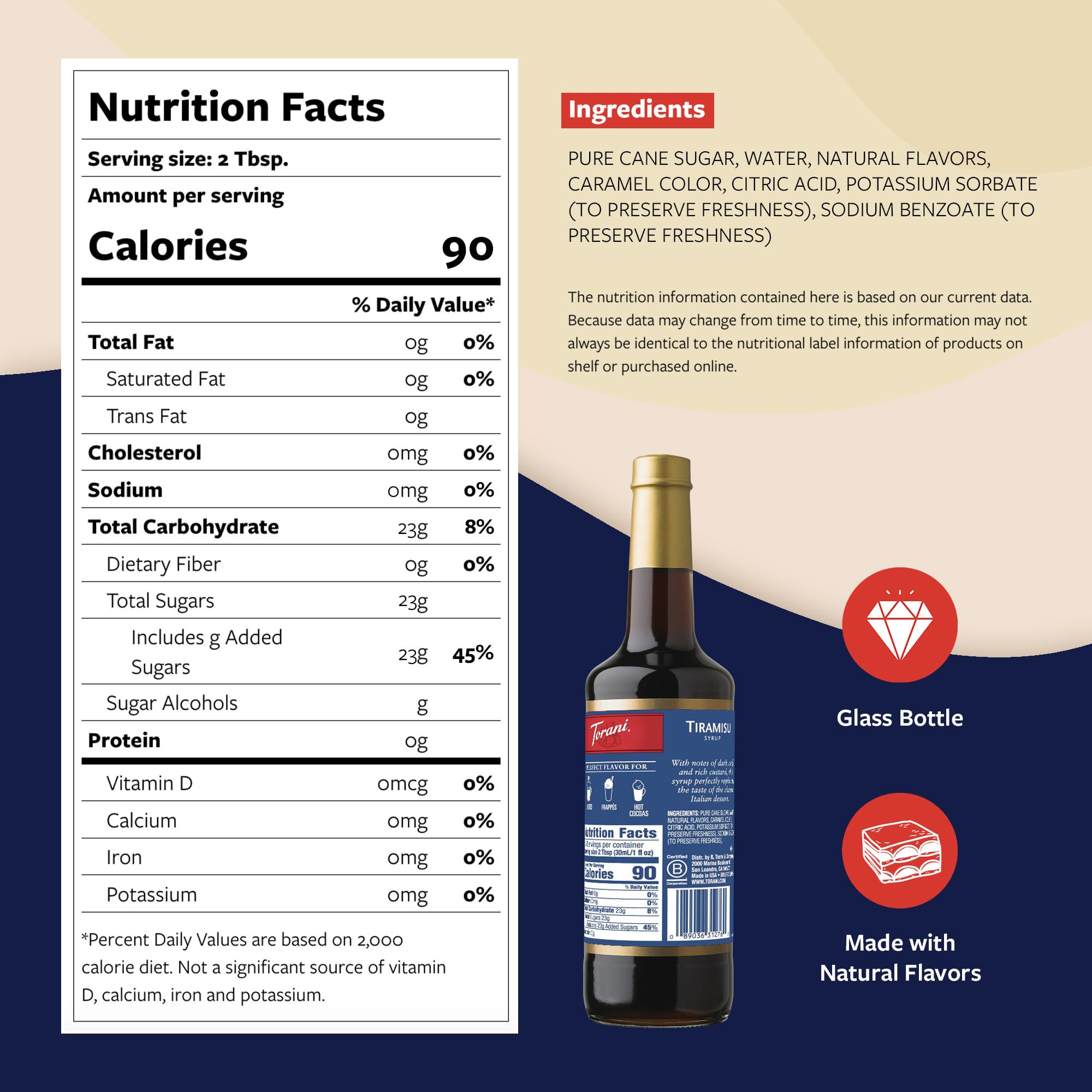 Torani tiramisu syrup glass bottle closeup highlights precise sweetness for crafted drinks