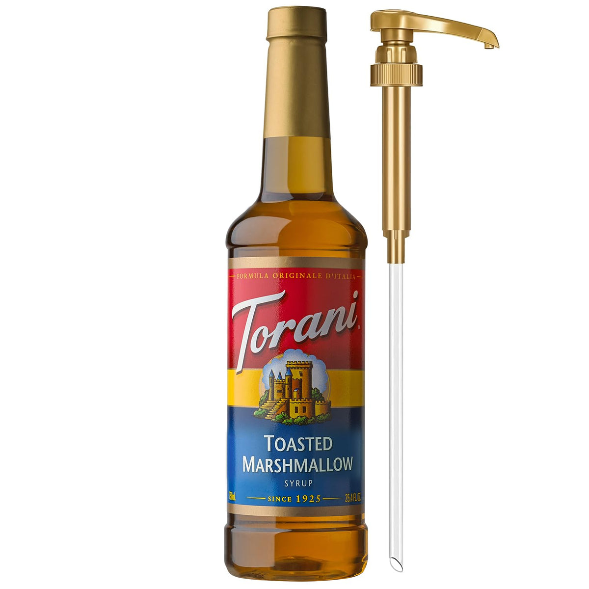 Torani Toasted Marshmallow syrup bottle with pump for mess-free pouring