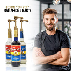 Two-pump dispenser set included with Torani syrups for easy pouring